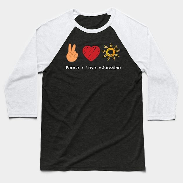 Peace Love Sunshine Beach Vacation Heart Sun Baseball T-Shirt by Rengaw Designs